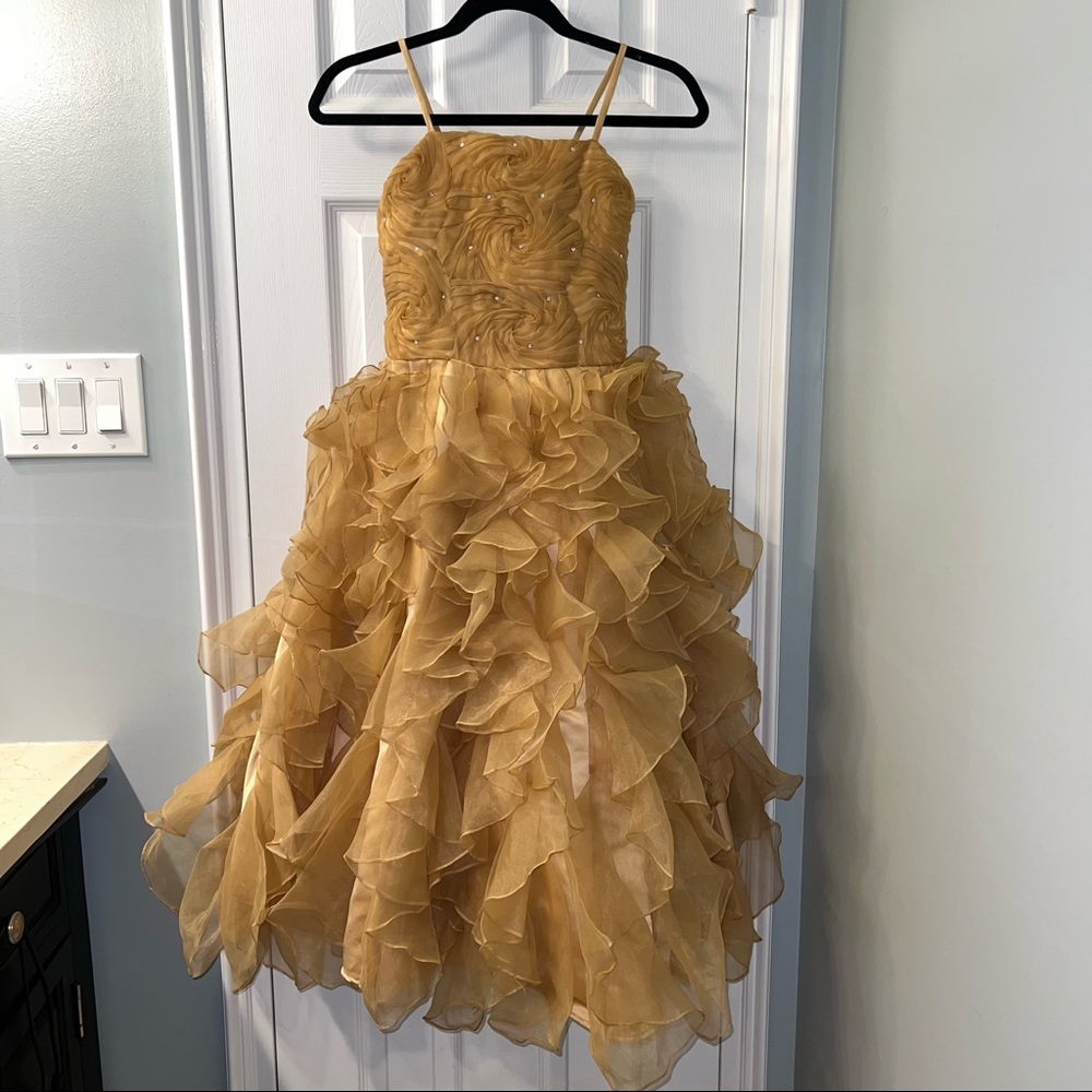 Kids Macis Formal Gold Ruffle Dress w/ rhinestones